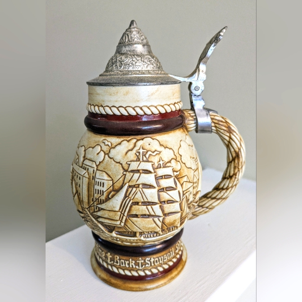 Vintage 1977 Avon Beer Stein Mug Tankard Handcrafted Brazil Ship Nautical Scene